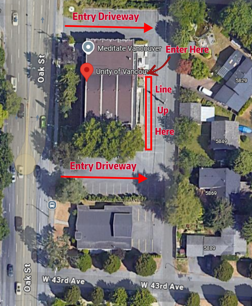 Exam Campus (5840 Oak St): enter by the driveway from Oak Street and line up at the back of the building